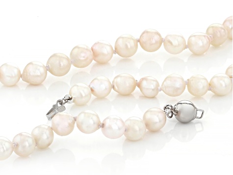 White Cultured Japanese Akoya Pearl Rhodium Over Sterling Silver 18 Inch Strand Necklace