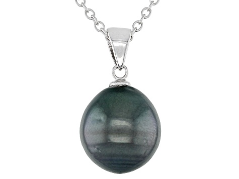 Black Cultured Tahitian Pearl Rhodium Over Sterling Silver Pendant