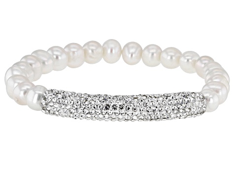 White Cultured Freshwater Pearl White Crystal Silver Tone Stretch Bracelet
