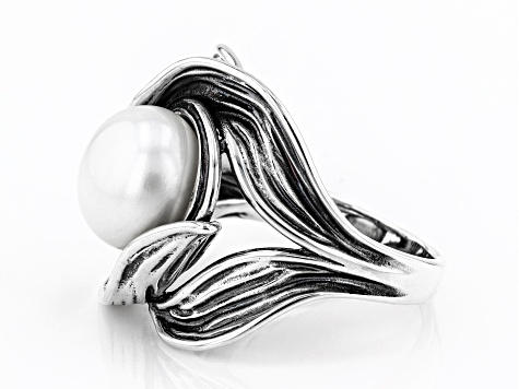 White Cultured Freshwater Pearl 9.5-10mm Sterling Silver Ring