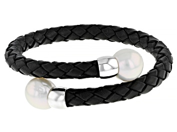 Picture of White Cultured Freshwater Pearl 11-12mm With  Black Leather & Rhodium Over Sterling Silver Bracelet