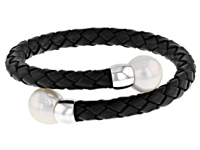 White Cultured Freshwater Pearl 11-12mm With  Black Leather & Rhodium Over Sterling Silver Bracelet