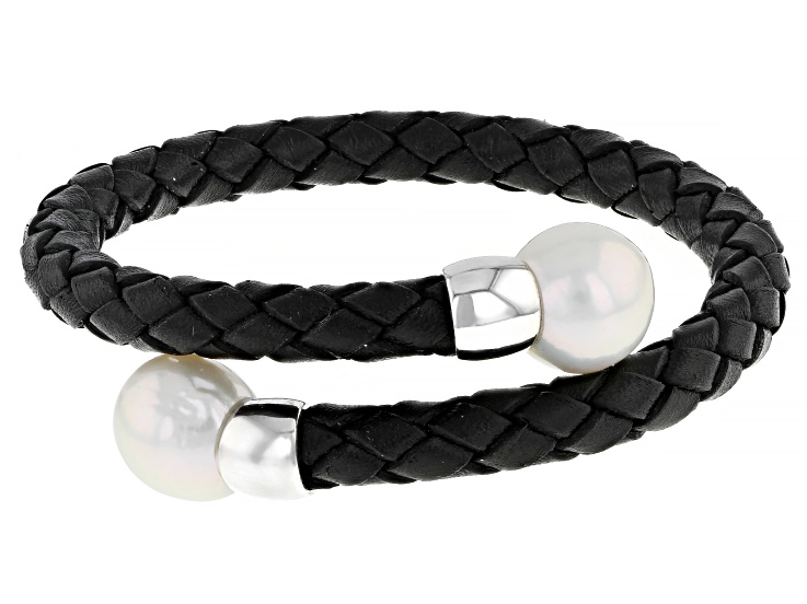 White Cultured Freshwater Pearl 11-12mm With Black Leather & Rhodium Over  Sterling Silver Bracelet