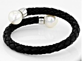 White Cultured Freshwater Pearl 11-12mm With  Black Leather & Rhodium Over Sterling Silver Bracelet