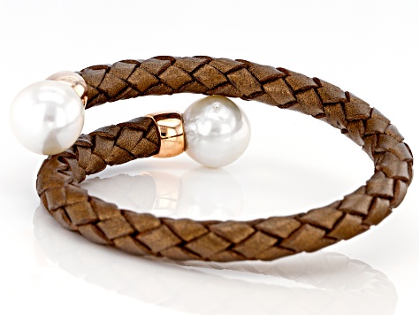 White Cultured Freshwater Pearl 11-12mm With Brown Leather & 18k Rose Gold Over Silver Bracelet