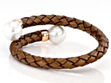 White Cultured Freshwater Pearl 11-12mm With Brown Leather & 18k Rose Gold Over Silver Bracelet