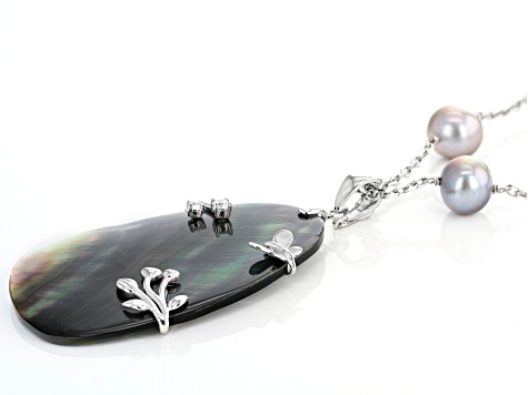 Tahitian Mother-of-Pearl, Cultured Freshwater Pearl, Cubic Zirconia Rhodium Over Silver Necklace