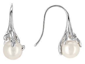 Cultured Freshwater Pearl And White Zircon Rhodium Over Sterling Silver Earrings