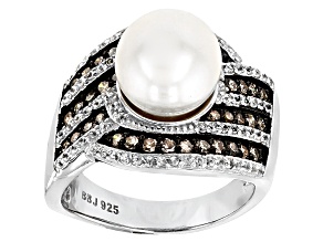 Cultured Freshwater Pearl, Diamond and Zircon Rhodium Over Silver Ring