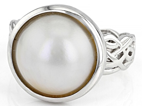 White Cultured South Sea Mabe Pearl Rhodium Over Sterling Silver Ring 13mm