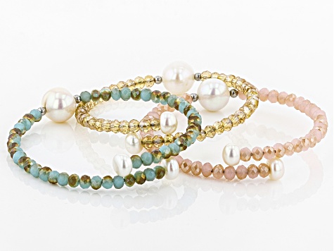 6-11mm White Cultured Freshwater Pearl & Crystal Stainless Steel Wire Bracelet Set Of 3