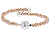 6-11mm White Cultured Freshwater Pearl & Crystal Stainless Steel Wire Bracelet Set Of 3