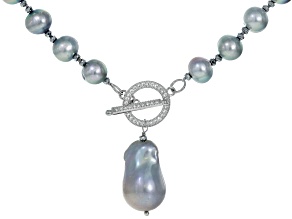 Silver Cultured Freshwater Pearl, Hematine & Cubic Zirconia, Rhodium Over Silver 28" Necklace