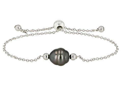 9.5-10mm Cultured Tahitian Pearl Rhodium Over Silver Sliding Adjustable Bracelet