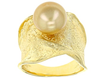 Picture of 10mm Golden Cultured South Sea Pearl 18k Yellow Gold Over Sterling Silver Ring