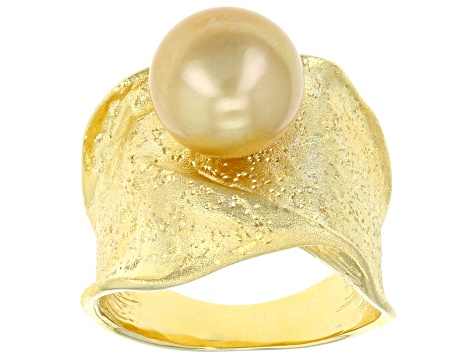 10mm Golden Cultured South Sea Pearl 18k Yellow Gold Over Sterling Silver Ring