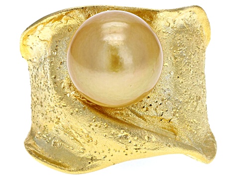 10mm Golden Cultured South Sea Pearl 18k Yellow Gold Over Sterling Silver Ring
