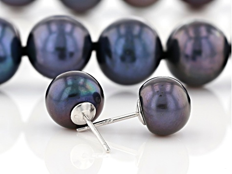 9-11mm Black Cultured Freshwater Pearl, Rhodium Over Silver 20 Inch Necklace & Stud Earrings Set