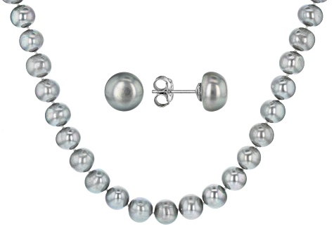 9-11mm Silver Cultured Freshwater Pearl, Rhodium Over Silver 20 Inch Necklace & Stud Earrings Set