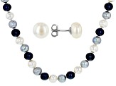 Multi-Color Cultured Freshwater Pearl Rhodium Over Silver 20 Inch Necklace Stud Earrings Set