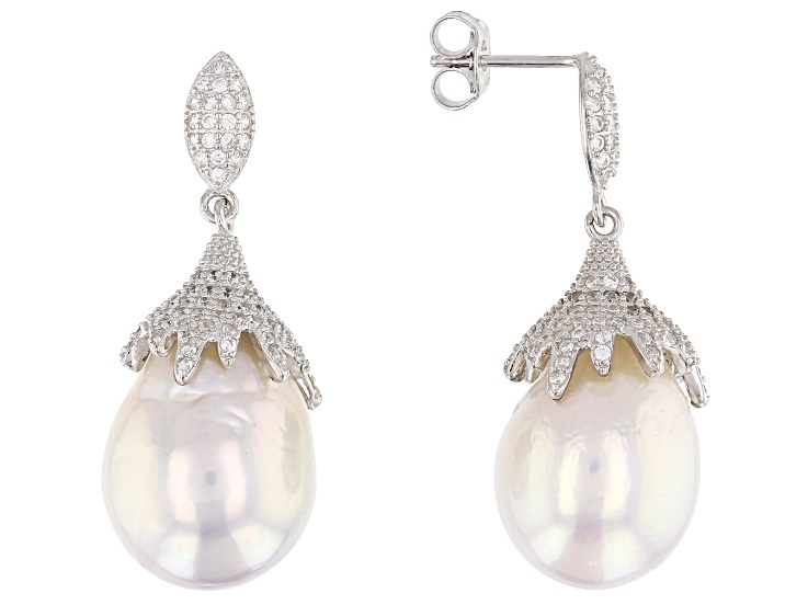 Genusis™ Cultured Freshwater Pearl & Cubic Zirconia Rhodium Over Silver Earrings