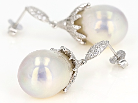 Genusis™ Cultured Freshwater Pearl & Cubic Zirconia Rhodium Over Silver Earrings