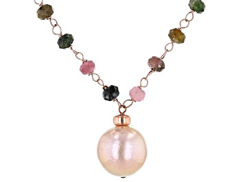 Picture of 12-12.5mm Pink Cultured Freshwater Pearl & Tourmaline 18k Rose Gold Over Silver 18 Inch Necklace
