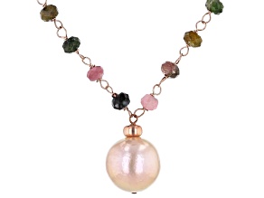 12-12.5mm Pink Cultured Freshwater Pearl & Tourmaline 18k Rose Gold Over Silver 18 Inch Necklace