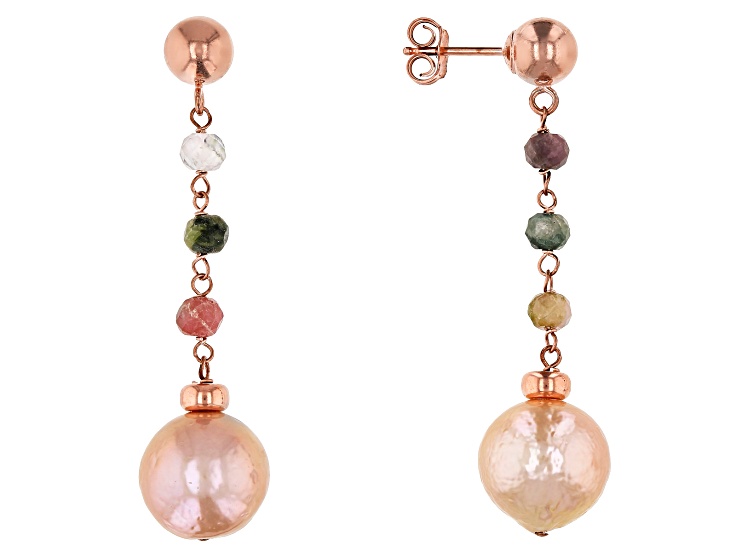 10.5-11mm Pink Cultured Freshwater Pearl & Tourmaline 18k Rose Gold Over Silver Earrings