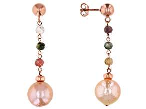 10.5-11mm Pink Cultured Freshwater Pearl & Tourmaline 18k Rose Gold Over Silver Earrings