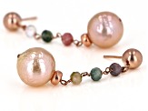 10.5-11mm Pink Cultured Freshwater Pearl & Tourmaline 18k Rose Gold Over Silver Earrings