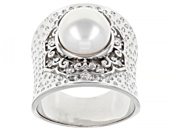 Picture of 9.5-10mm Cultured Freshwater Pearl with 0.02ctw Zircon Rhodium Over Sterling Silver Hammered Ring
