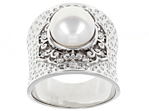 9.5-10mm Cultured Freshwater Pearl with 0.02ctw Zircon Rhodium Over Sterling Silver Hammered Ring