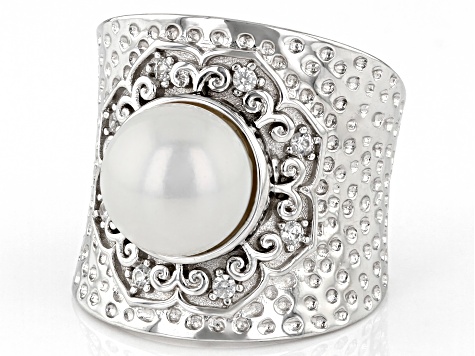 9.5-10mm Cultured Freshwater Pearl with 0.02ctw Zircon Rhodium Over Sterling Silver Hammered Ring