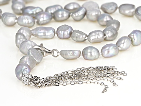 7-8mm Silver Cultured Freshwater Pearl Rhodium Over Sterling Silver Tassel Drop 24 inch Necklace
