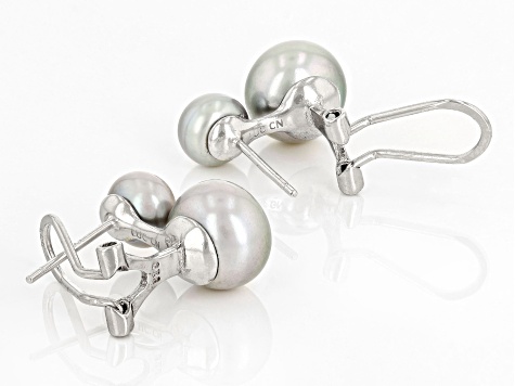 Platinum Cultured Freshwater Pearl Rhodium Over Sterling Silver Double Stud Earrings 6-9.5mm