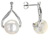 10.5-11mm White Cultured Freshwater Pearl With Cubic Zirconia Rhodium over Silver Earrings