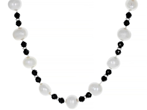 9mm White Cultured Freshwater Pearl With 16.50ctw Black Spinel Rhodium ...