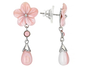 15mm Pink Conch Shell Rhodium Over Sterling Silver  Floral Dangle Earrings