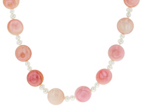 12mm Pink Conch Shell 3-3.5mm White Cultured Freshwater Pearl Rhodium over Silver 36 inch Necklace