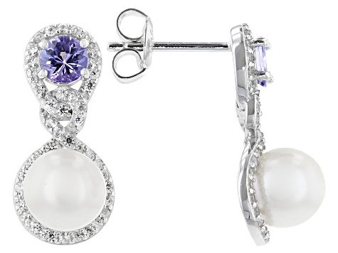 White Cultured Freshwater Pearl With Tanzanite & White Zircon Rhodium Over Sterling Silver Earrings