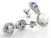 White Cultured Freshwater Pearl With Tanzanite & White Zircon Rhodium Over Sterling Silver Earrings