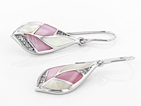 Pink And White South Sea Mother-of-Pearl With White Zircon Rhodium Over Sterling Silver Earrings