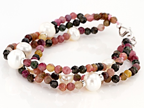 Cultured Freshwater Pearl And Tourmaline Rhodium Over Sterling Silver 3 Strand Bracelet