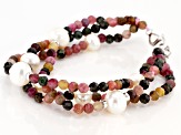 Cultured Freshwater Pearl And Tourmaline Rhodium Over Sterling Silver 3 Strand Bracelet