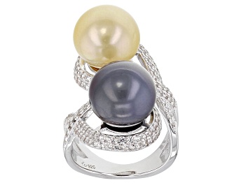 Picture of Cultured South Sea And Tahitian Pearl With White Zircon Rhodium Over Sterling Silver Ring