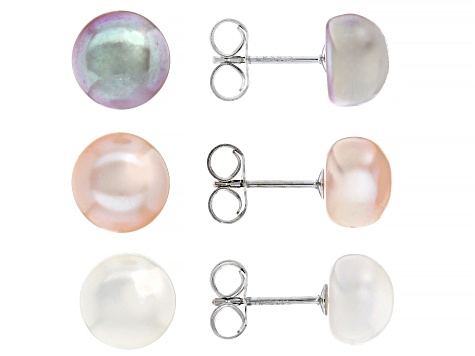 Multi-Color Cultured Freshwater Button Pearl 8-9mm Rhodium Over Sterling Silver Earring Set