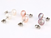 Multi-Color Cultured Freshwater Button Pearl 8-9mm Rhodium Over Sterling Silver Earring Set