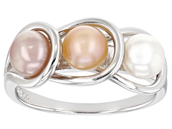 Picture of White, Pink, And Peach Cultured Freshwater Pearl Rhodium Over Sterling Silver Ring 5mm