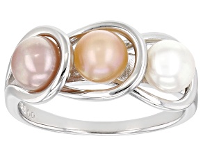 White, Pink, And Peach Cultured Freshwater Pearl Rhodium Over Sterling Silver Ring 5mm